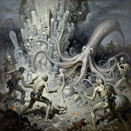 oil painting of 1 9 7 8 battle - panorama nightmare of horror skinned nautiloid chalk clusters fighting glass fang garbage, by alberto bontempi, hyper realism, cinematical