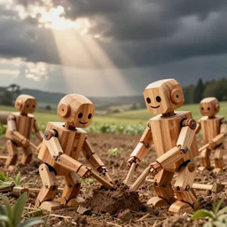 Happy anthropromorphic robots made out of wood working in the fields