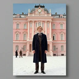 poster artwork by Michael Whelan and Tomer Hanuka, Ralph Fiennes, from scene from Grand Hotel Budapest, clean