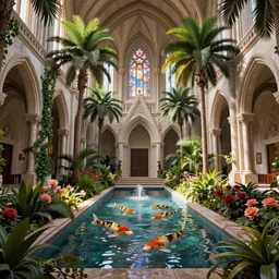 grand cathedral interior with koi pond in the middle surrounded by palm trees, ivy, flowers, tropical plants, roses, and with archways, rendered in octane render with photorealistic lighting, cinematic, horizontal symmetry