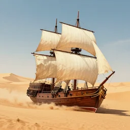 clipper ship sailing through a sand desert, surrounded by sand, sand, desert, clean sails, torn sails, illustration, fantasy novel cover art