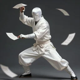a ninja dressed in tapered white satin clothes, the ninja is wielding spirit papers, dynamic, combat pose, digital painting, WLOP, trending on artstation, 8k, epic composition, highly detailed, sharp focus