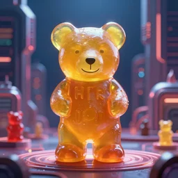 portrait of haribo bear in future city, color and shape focus, central composition, natu