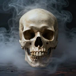 photo of a hyperrealistic skull emerging from smoke, smoke everywhere, front shot, skull, fog, smoke, mysterious, dark, dramatic lighting