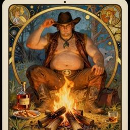 a dramatic, ethereal painting of a handsome thicc shirtless mischievous cowboy with a beer belly wearing a leather vest sitting behind a campfire at night with food and jugs of whisky | tarot!! card, art deco, art nouveau | by Alphonse Mucha | trending on artstation