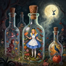 Hell and heaven, captured in bottles, a heart full of envy, The Autumn Plague Gardener, the theme of Alice in Wonderland, digital painting, its softness partakes of fluidity, illustration, deep dark, artstation, intricate, biodiversity in a world of change and constancy, ue5, by deiv calviz and bossmonsterbani
