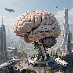 cult of technology, exterior, scifi, machines, artificial intelligence!!, ultra realistic, highly detailed, brain in a vat!!, futuristic landscape, space ships, industrial, city, utopian architecture, birds eye view, atmosphere, masterpiece, epic lighting, bright, cinematic, art by jan urschel and neil blevins