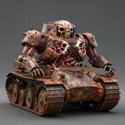 Techno-biological rusty panzer T1E1 consisting of tumors, meat, veins, bones, guts, kidneys, wires. Biopunk, body-horror, high detail, photorealism, full length view, very rust, concept art, octane render, 16k, 8k