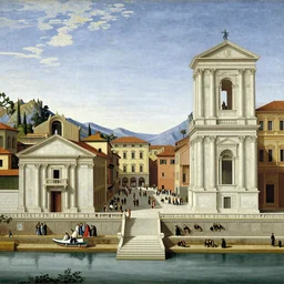 Ideal Renaissance City in Carnival by Vittore Carpaccio, clean, classical buildings, sharp oil painting, highly detailed