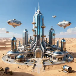 An advanced high tech Sci fi bustling steampunk city with flying air ships over it and tall glass buildings located in a sand desert, bright sunny day blue sky, digital painting, artstation, matte painting, highly detailed, intricate, concept art, game art, octane render, 8k, unreal engine