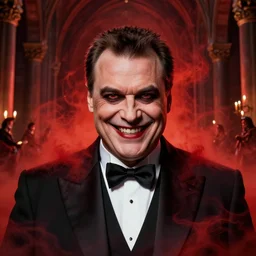 hyper realistic close - up portrait of satanic viktor orban depicted as the antichrist in tuxedo, evil smile, red mist in hell, monastery interior, gorgeous lighting by kim jung giu weta studio, mucha, bautista and norman rockwell and greg rutkowski and tom bagshaw and james gurney and lucasfilm