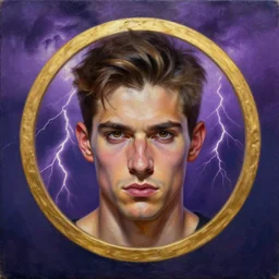 raijin with a golden circle. strong storm with purple lightnings in the background. realistic, highly detailed, oil painting in a modern style, very detailed and symmetrical face, painted by greg rutkowski, sachin teng, thomas kindkade, tony sandoval, norman rockwelll