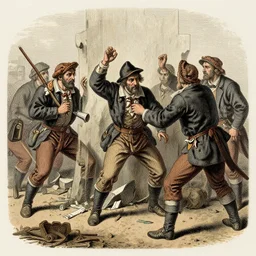 luddites trying to destroy an image generator, 1 9 th century etching in color, sharp detail