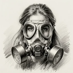 Portrait of a woman, long hair, gas mask, pencil sketch, concept art