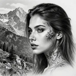 creative blend of a hyper realistic mountain scenery with a beautiful woman face, tattoo design sketch, in the style of matteo pasqualin, hyper - realistic, amazing detail, black and white