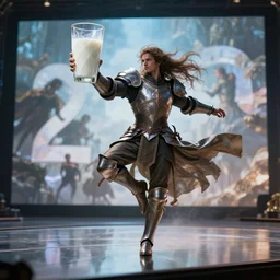 paladin dance on the screen holds a faceted glass of milk in one of his hands, realism, reflections, action scene, epic fantasy, artgerm and greg rutkowski and alphonse mucha, epic fantasy, volumetric light, detailing, staged shot, epic fantasy, cinematic, photorealistic, ultra - realistic, trending at art station, octane number, monthly average