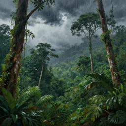 A beautiful painting of an Amazonian jungle with tall trees and dense foliage, heavy rain falling from dark clouds, Trending on artstation