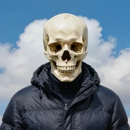 a portrait of a man in a puffer jacket, his head is a skull, his background are white clouds and a blue sky, in the style of William Adolphe Bouguereau and Edward Hopper and Sandro Botticelli, 4k,