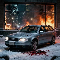 Audi A4 B6 Avant (2002), a gritty neo-noir, dramatic lighting, cinematic, eerie person, death, homicide, homicide in the snow, viscera splattered, gunshots, bullet holes, establishing shot, extremely high detail, cracked windows, photorealistic, arson, burning city, cinematic lighting, artstation, by simon stalenhag, Max Payne (PC) (2001) winter New York at night, In the style of Max Payne 1 graphic novel, flashing lights, Poets of the Fall - Late Goodbye