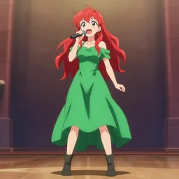 a anime girl with red hair singing her heart out wearing a green dress full body