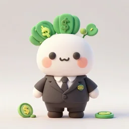 money cartoon character with suit, 3 d clay figure, kawaii