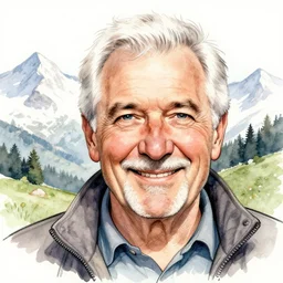 closeup portrait of a smiling friendly elderly man, watercolor and pen illustration, in the Swiss Alps, mountains in background, watercolor and pen