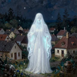 a lady in white ghost in front of a small, 1 9 th century hungarian village, oil painting, nikon d 7 5 0, glow - in - the - dark, rtx, insanely detailed and intricate, hypermaximalist, elegant, ornate, hyper realistic, super detailed, by caspar david friedrich, eugene delacroix, jmw turner, cinestill sample