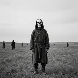 steppe people raider elongated cranium protester face style photo black and white wide angle lense