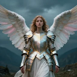 one angel, big wings, low key light, full plate armor with cloth, f 2. 8, bokeh, extreme close up portrait, gentle, female, mountain, storm, landscape, d & d, fantasy, elegant, teal pink white gold color palette, roger deakins, sharp focus, concept art, art by artgerm and greg rutkowski and alphonse mucha