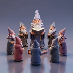 a realistic diminutive old wizard figurines gathering around a giant book, realistic, 3 d render, behance, octane render, glossy, reflecting,
