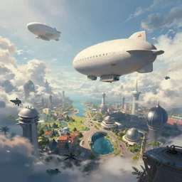 a beautiful and detailed illustration of an airship port in a cloudpunk world by Tim white , cinematic atmosphere, establishing shot, viewed from below, first person perspective