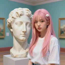 a young beautiful woman made from marble, face in the style of constantin brancusi, wes anderson background, casual modern clothing, artgem, portrait, boris valejo, kawaii hairstyle, pastel colors, colorful, octane render, digital painting, details, unreal engine, museum piece, dynamic light,