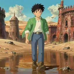 cartoon from howl's moving castle ( 2 0 0 4 ) of a man walking in a beautiful flooded desert prison, hq, depth of field.
