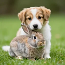 a dog and a rabbit hugging, realistic