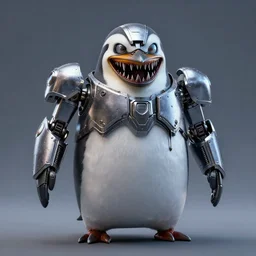 mecha anthropomorphic penguin, horror, sharp teeth, metalic, glowing eyes, unreal engine, CGI, HD 4K