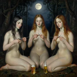 the three fates cutting threads with scissors, forest, moonlight, gemma chen, madison beer, angela sarafyan, pinup, intricate beautiful faces, surrealistic painting by agostino arrivabene, artgerm, vanessa beecroft, anka zhuravleva, mary jane ansell, peter mohbacher, gerald brom