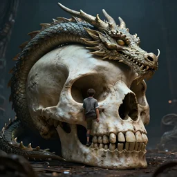 a boy living in the gigantic skull of an ancient dragon, cinematic lights, octane render, trending on artstation, artstationHD, artstationHQ, unreal engine, 8k