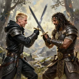 Eminem and Joe Budden fighting each other with swords in Skyrim, expressive beautiful painting, award winning, pixiv, trending on artstation, deviantart, artstation, skyrim, high quality, key visual, sharp, backlit, gorgeous lighting
