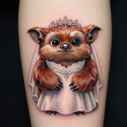 a cute hyper realistic tattoo of gizmo from the movie gremlins wearing a wedding suit and looking proud in the style of sailor jerry. new school tattoo, tattoo, dslr