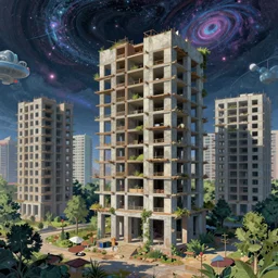 a beautiful ultradetailed render of nature unfinished building townhome city by paul cezanne, sci - fi anime vaporwave retrowave galactic, archdaily, wallpaper, highly detailed, trending on artstation.