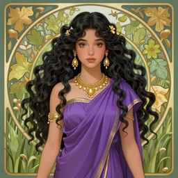 portrait, cute young virgin maria, beautiful body, gold jewelry, purple greek robe, long curly black hair, meadow, very detailed, ornate, fig leaves, character illustration, soft lighting, octane render, greg rutkowski, alphonse mucha, sung choi, 8 k, vibrant