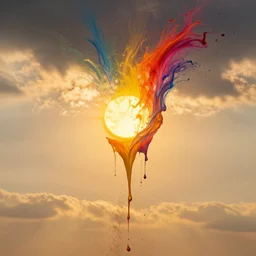 beautiful photograph of the sun dripping paint into the sky, turning into colorful rain, photorealistic, golden hour, 8 k