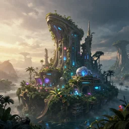 building by ron walotsky, nature bioshock tundra nightvision rainforest san andreas otherworldly neon signs junglepunk crystal magic realism assassin's creed architecture island at night poppy uv light elysian fantasy wilderness darkacademia morning sun cgsociety azeroth studio ghibli futuristic, archdaily, wallpaper, highly detailed, trending on artstation.