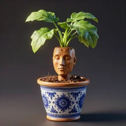 medium shot, mandrake in a porcelaine pot!!!, wooden human head with mandrake!!! leaves!!! growing from it, in a pot, intricate hyper detailed ultra sharp sharp focus, global illumination, radiant light, alexandre ferra, irakli nadar, octane render, unreal engine, 4 k, ultra hd,
