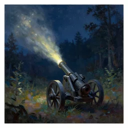 artillery lights up the night sky, forest clearing background, at night, oil on canvas, bloom highlights, view from the ground, poster art, darkness, video game art, digital art, fine brushstrokes, hdr, 4 k