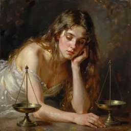 scales ⚖ weighing a weeping woman. painting