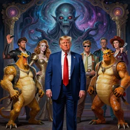 donald trump surrounded by famous video game characters, cosmic horror painting, elegant intricate digital painting artstation concept art by mark brooks and brad kunkle detailed