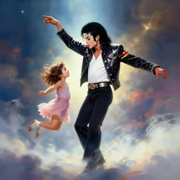 Michael jackson dancing with a little kid in heaven, cinematic, beautiful digital painting, hyper detailed