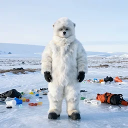 portrait of an eskimo standing on ice in the arctic tundra littered with plastics
