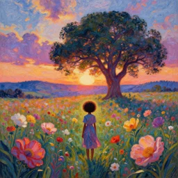 large flowers afro, girl standing in a field with flowers, surreal photography, hills, big trees, sunrise dramatic light, impressionist painting, colorful clouds, digital painting, pointillism, artstation, simon stalenhag